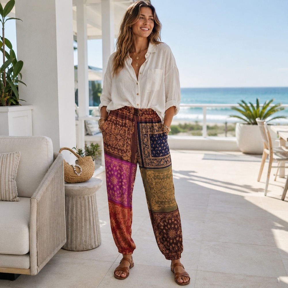 Farm Rio Bandana Patchwork Boho Jogger Sweatpants XL Festival Athleisure Cozy